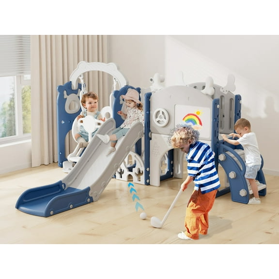 KORIMEFA 13-in-1 Toddler Slide, Kids Swing and Slide for Toddlers Age 1-4, Outdoor Indoor Playground Playset for Toddlers with Basketball Hoop and Ball Playset Telescope, Blue