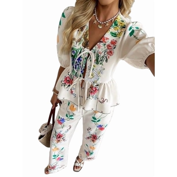 Conjunto de 2 Piezas para Mujer, Blusa de Corta con Estampado Floral y Pantalones Anchos, Estilo Bohemio para Vacaciones. Multicolor XL