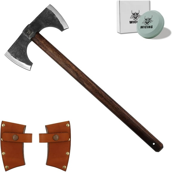 WICING 23.6" Double Bit Axe, Beech Wood Handle with Leather Sheath, Heavy-Duty Hand Axe for Chopping and Splitting Wood