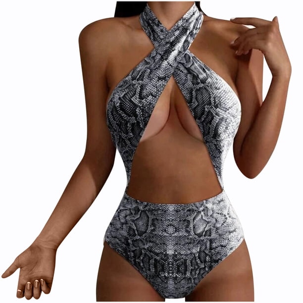 Traje de baño siamés de moda para mujer, Bikini Sexy con estampado de piel de serpiente y lazo Halter en la cintura Fridja nalpqowj19944
