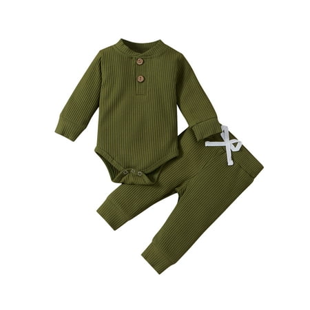 

Sunisery Newborn Baby Boy Girl Clothes Solid Ribbed Long Sleeve Romper and Pants Knitted Outfits Set Army Green 0-3 Months