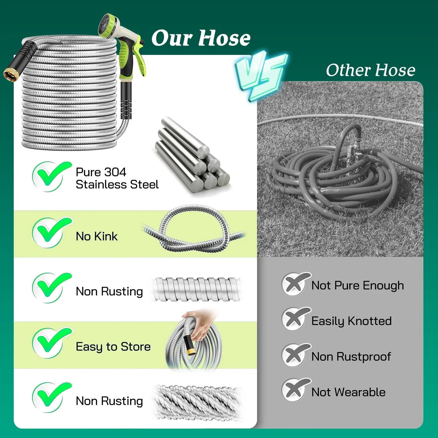 Teblint Metal Garden Hose 50ft, 304 Stainless Steel Garden Hose, Heavy Duty Water Hoses with 10 Function Hose Nozzle, Flexible, No Kink & Tangle, Leak & Puncture Proof, 150psi