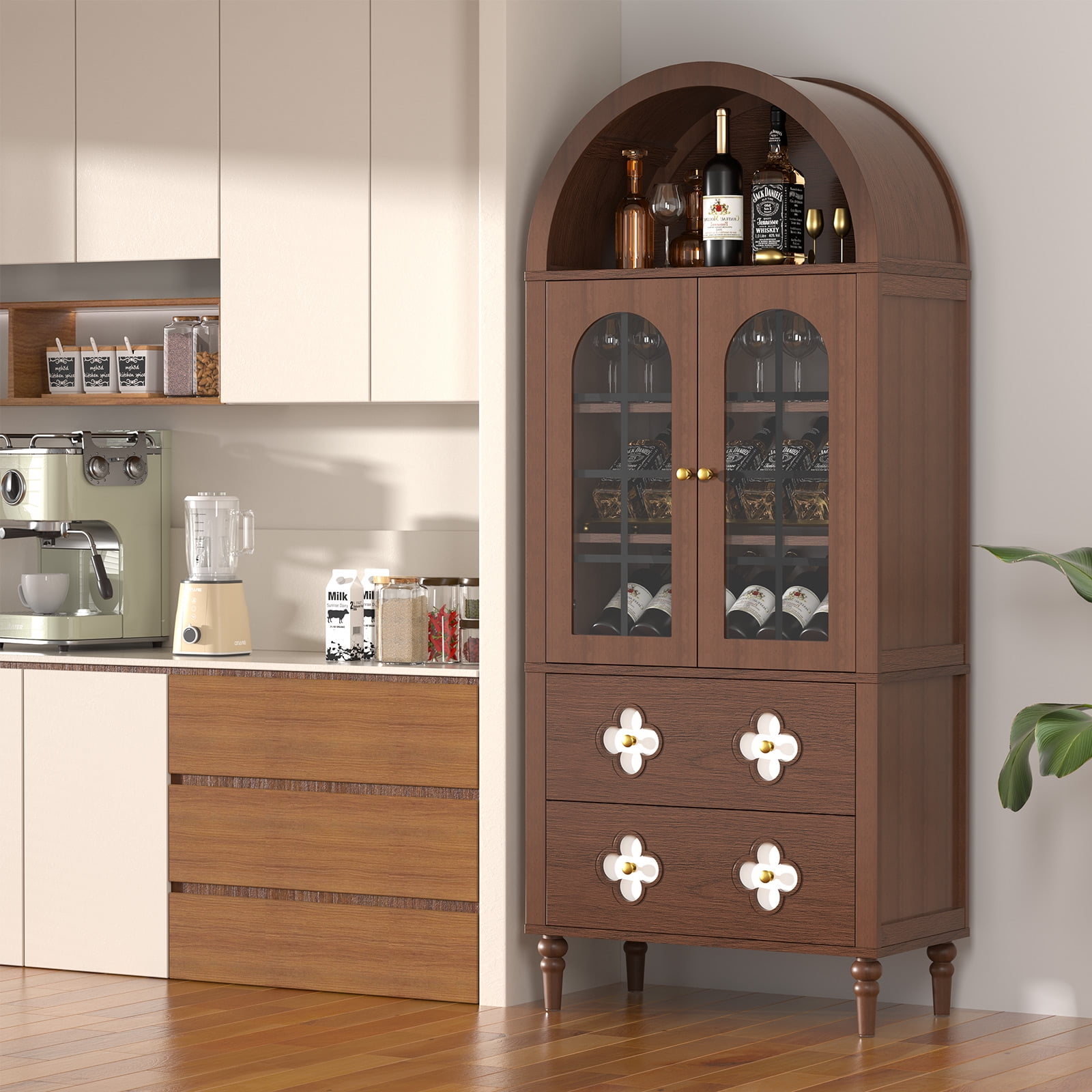 Mophoto Arched cabinet Bookshelf Bookcase Storage with Tempered Glass Doors Versatile Kitchen Cabinets,71“ Tall Food Pantry Furniture for Living Dining Room(Black)