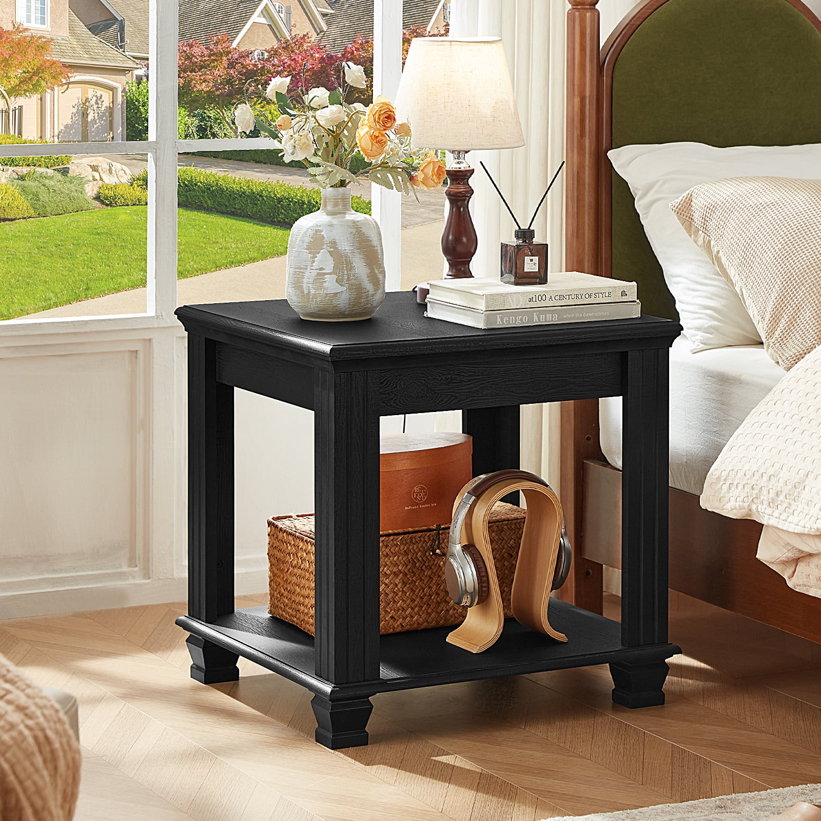 Buildhom Farmhouse End Table, Large 2-Tier Side Table with Storage Shelf, Rustic Brown Square Tea Table for Living Room, Black