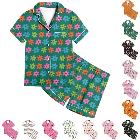LIIPEE Girls Pajamas Kids Casual Summer Cute Cartoon Graphic Print Short Sleeve Flat Collar Button-Up Shirts And Shorts Sleepwear 2 Piece Set Comfortable Lightweight Daily Nightwear,12-13 Years