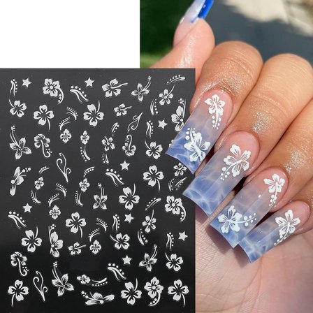 Monebena Flower Nail Stickers 3D Hibiscus Flower Nail Stickers Self-Adhesive White Pink Gold Nail Decals Elegant Floral Petal Wavy Line Strip Tropical Leaf Designs for Women Girls (6Sheets)