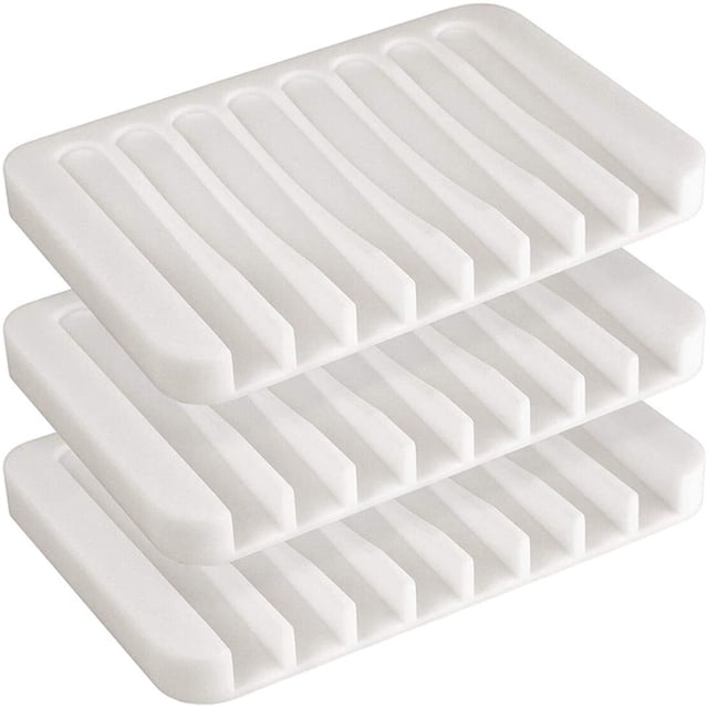 Silicone Soap Dish Holder Tray Saver Shower Waterfall Self Draining for Bathroom Kitchen Countertop, 3 Pack
