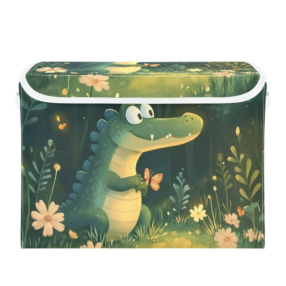Happy Crocodile with Butterflies Large Storage Bins with Linen Collapsible Lid Storage Box 16.7 x 12.6 x 11.8in