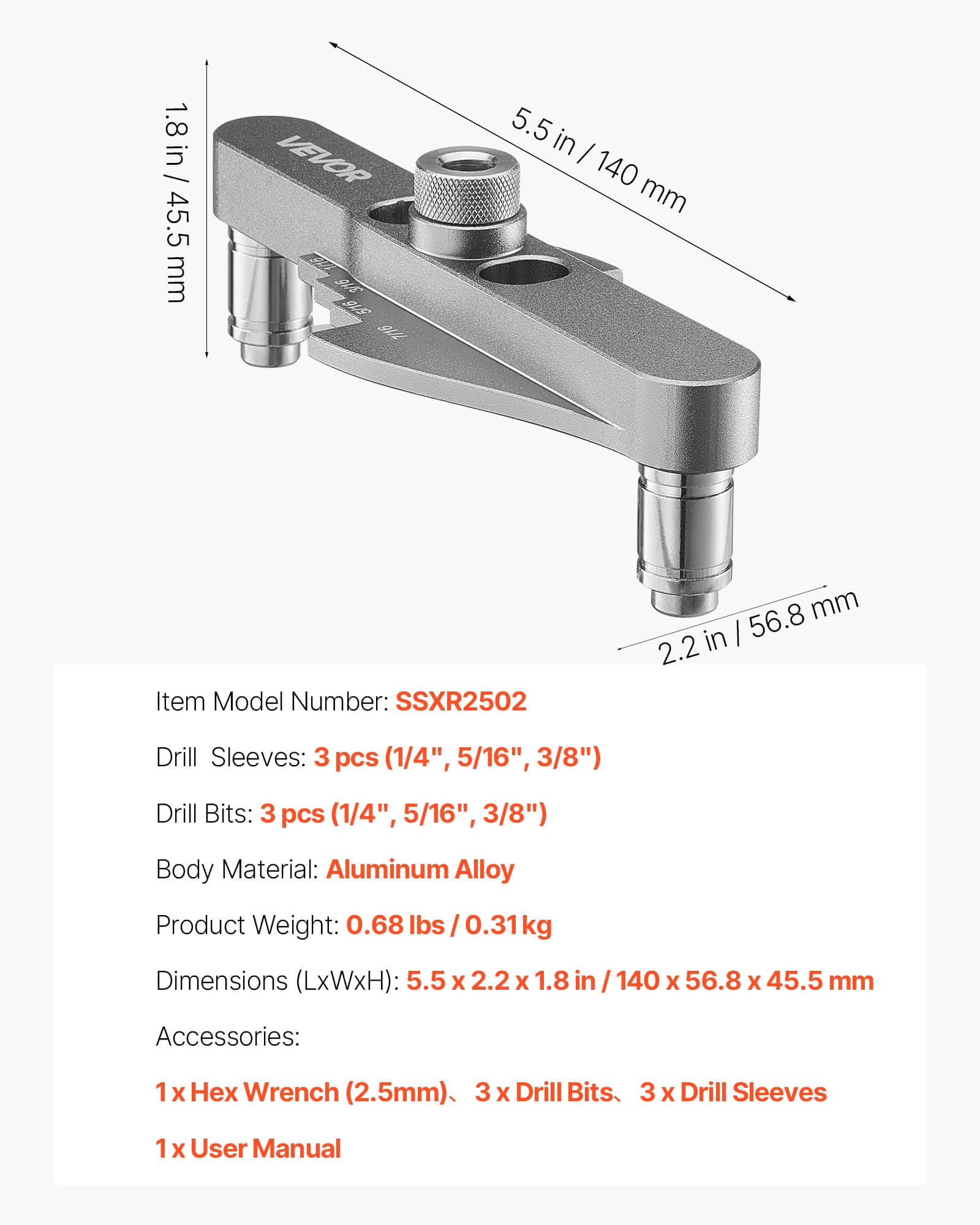 VEVOR Doweling Jig Kit, Self Centering Dowel Drill Jig for Straight Holes, with Drill Bit Set 1/4", 5/16", 3/8" and Drill Bit Stop Collar Set, Aluminum Alloy Woodworking Tools for Drilling, Marking