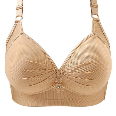 Hontri Bra Thin Laceless Steel Ring Comfortable Breathability Underwear Large Size Brater Buckle Female Bra Deep V Neck Vest Bralette Wireless Seamless Bra Beige M/38