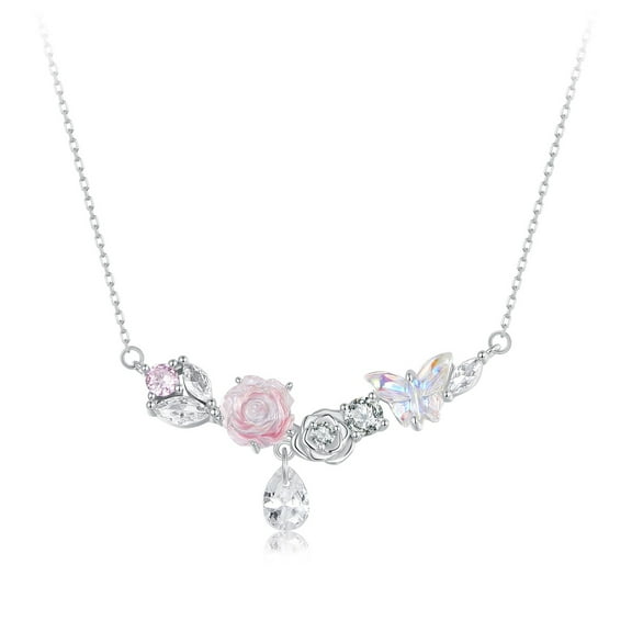Dream Butterfly Floral Necklace - 925 Silver Adjustable Chain Delicate Pendant Jewelry for Women