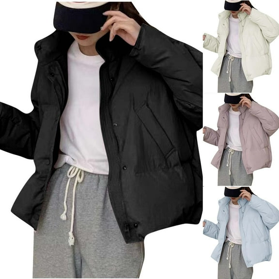 HAPIMO Winter Cropped Puffer Jacket for Women Zip Up Lapel Bread Coat Solid Color Warm Trendy Quilted Puffer Coats Black L