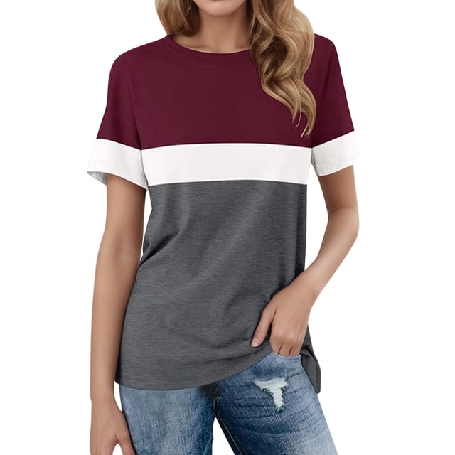 Camiseta de manga corta con cuello redondo y rayas para mujer - Tejido de punto transpirable - Informal/para el día a día - Tallas S-XXXL