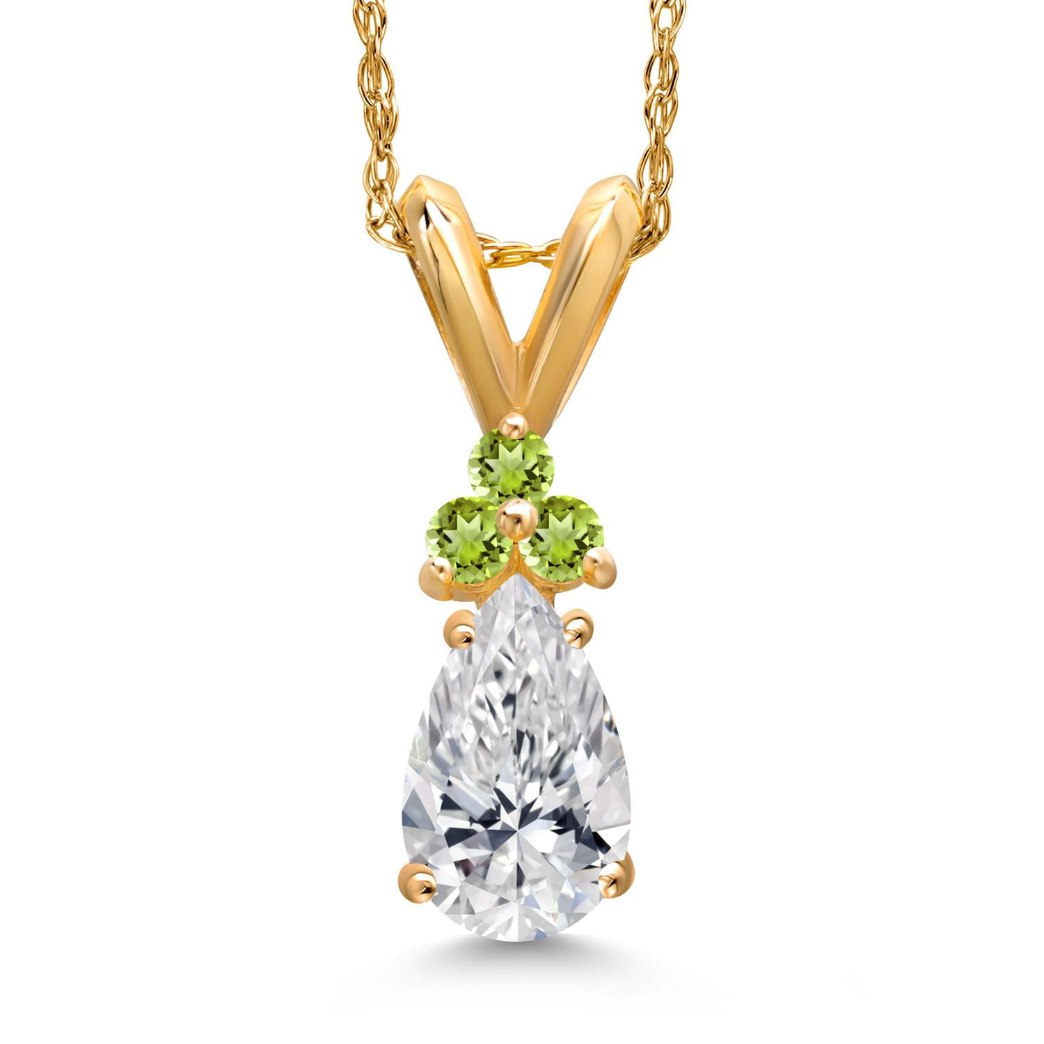 Gem Stone King 14K Yellow Gold DEF Lab Grown Diamond and Green Peridot Pendant Necklace for Women | 0.61 Cttw | Gemstone April Birthstone | Pear Shape 7X5MM | With 18 inch Chain