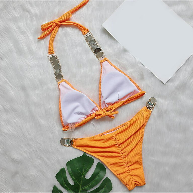 Aayomet Womens Bathing Suits Women's Halter Triangle Bikini Ribbed String  Smocked Swimwear Cheeky Thong Swimsuit High Cut Bikini Set,Orange S 