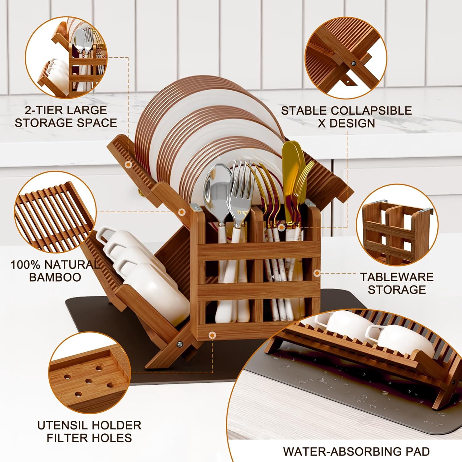 Teak Dish Drying Rack with Utensil Holder, 2 Tier Collapsible Dish Rack, Wooden Dish Racks for Kitchen Counter, Folding Drying Holder with Absorbent Dish Drying Mat