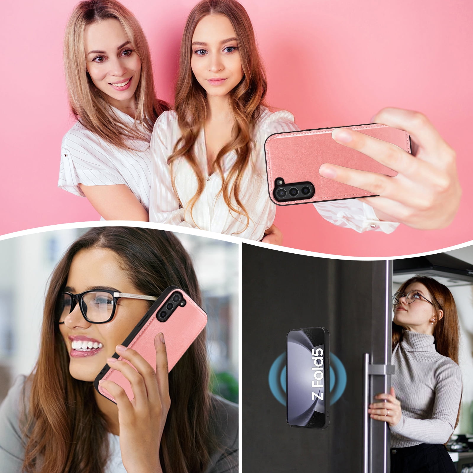Asuwish Phone Case for Samsung Galaxy Z Fold 5 5G 2023 Zipper Wallet Cell Cover Crossbody Strap Flower Flip Card Holder ZFold5 Z5 G Fold5 ZFold 5Z Women Rose Gold