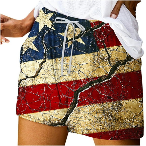 Taqqpue 4th July Patriotic Shorts for Women's American USA Flag Printed Shorts Lightweight Elastic Waist Drawstring Summer Casual Shorts