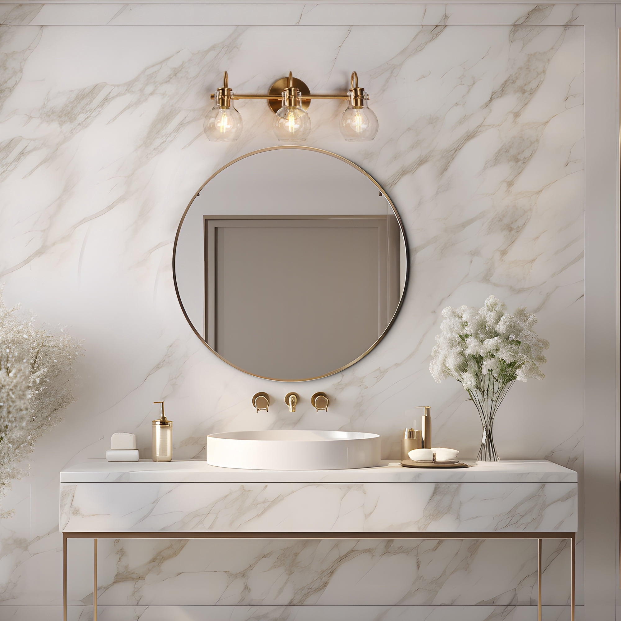 LNC Modern 3-Light Gold Vanity Light with Clear Globe Glass Shades, Bathroom Light