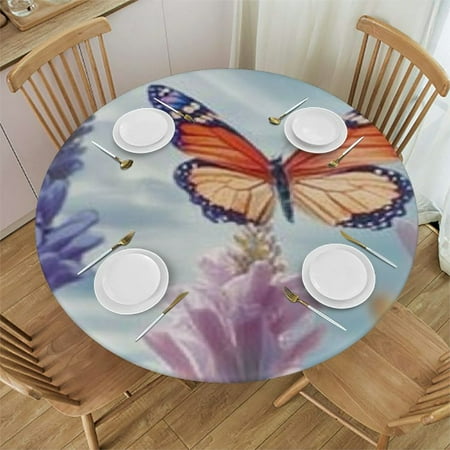 

BCIIG Flowers Butterflies Sky Round Tablecloth Stain-Resistant Washable 100% Polyester Great for Home Kitchen Parties Holiday Dinner Table Cloth 54 -58