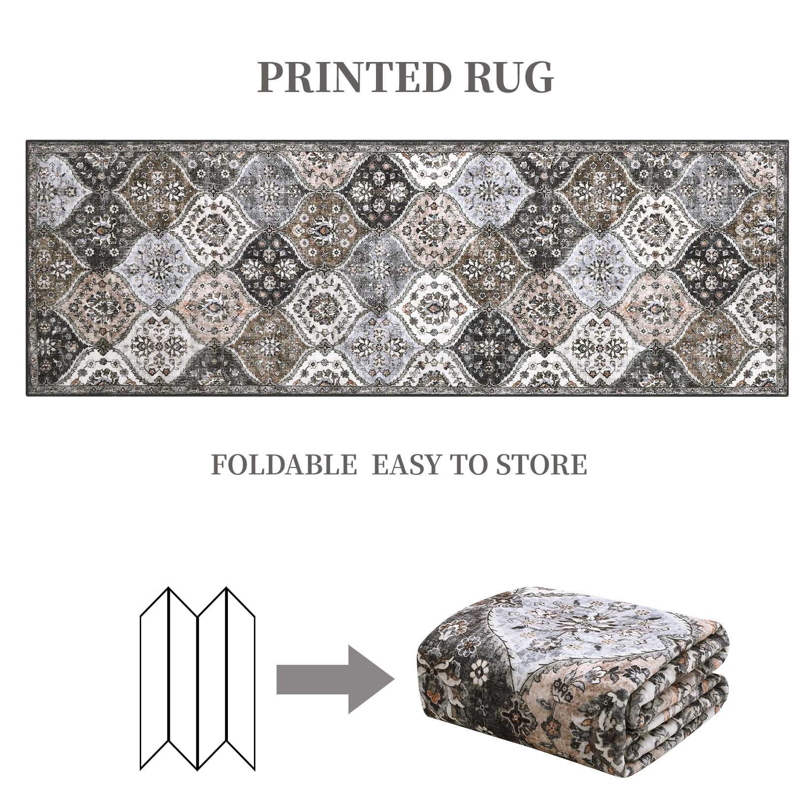 Aoile Washable Runner Rugs 2' x 6', Moroccan Trellis Rug Non-slip Stain Resistant Accent Rug Vintage Distressed Floral Floor Cover Carpet for Hallway Entryway, Grey/Brown