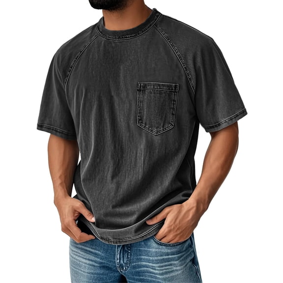 Yifymode Men's Vintage Washed Crew Neck Short Sleeve T-Shirt, Relaxed Fit with Chest Pocket Casual Style Black L