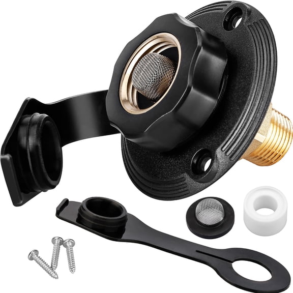 RVGUARD RV City Water Inlet, 3/4" NH Female to 1/2" NPT Male City Water Fill Inlet Flange Brass with Check Valve for RV, Camper, Trailer, Marine (Black S)