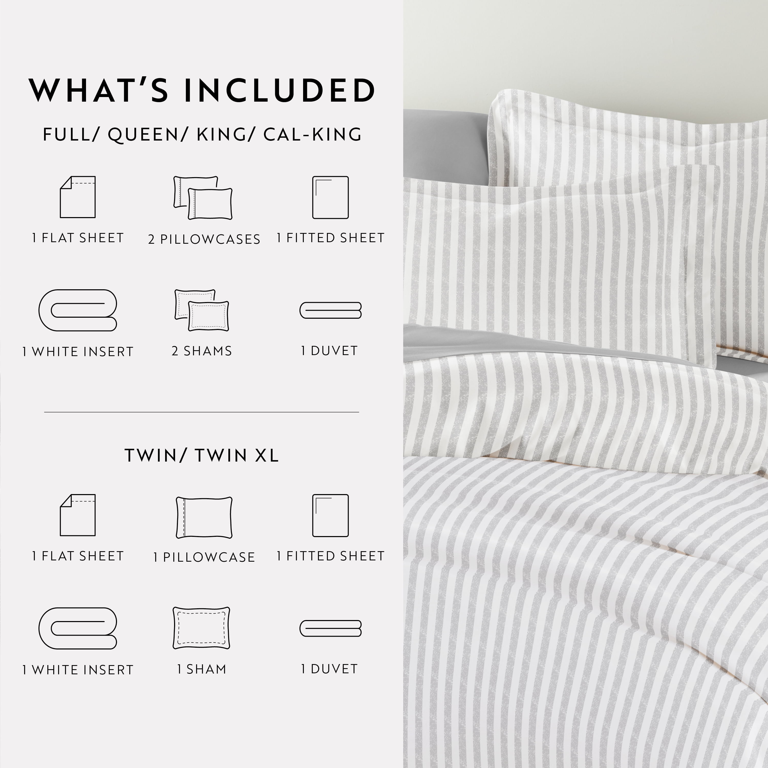 Noble Linens 7 Piece Patterned Duvet Bedding Bundle, Puffed Rugged Stripes Light Gray, Twin XL