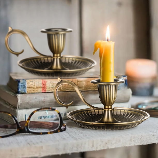 Vintage Brass Candlestick Holder With Handle, Antique European Chamberstick Taper Candle Holder, Handheld Portable Candle Stand For Wedding, Halloween, Christmas & Home Table Decor, Copper 1Pack