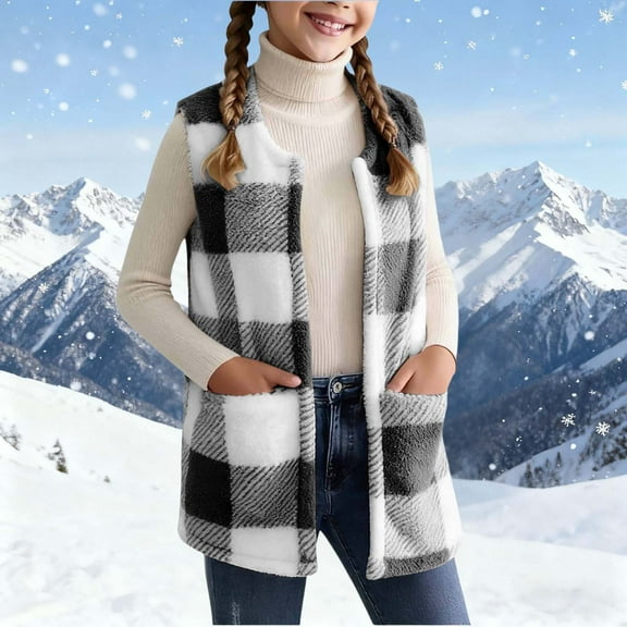 fnnxnal Child Black Plaid Fuzzy Fleece Vest - Warm Kids Open-Front Layering Vest for Fall Winter,Size 9-10T