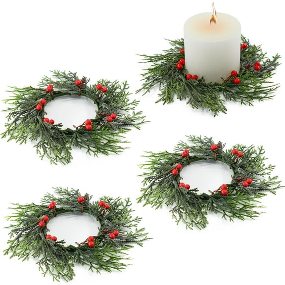4PCS Candle Rings, Mini Wreath with Red Berries, Candle Wreath for Home Dinner Wedding Parties Table Decor