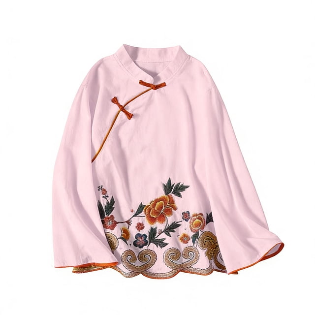 TaTaai 2026 Fall Womens Vintage Embroidered Tee Round Neck Long Sleeve Loose Blouse Casual Solid Color Fashion Top Linen Texture Polyester Daily Gift