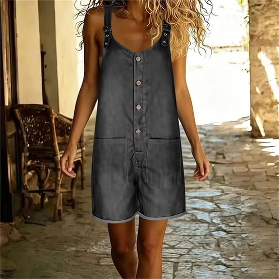 ClodeEU Women's Denim Sleeveless Button Romper with Adjustable Straps and Pockets ,Casual Jumpsuit Shorts Black,Women's Plus L