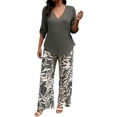 thumbnail image 2 of BWASD Womens Pajamas Set 2 Piece Summer Casual Elegant Print Loose Sleepwear V Neck Short Sleeve Top and Long Pants With Pockets Pjs Set Leisure Home Wear Daily (Grey M), 2 of 5