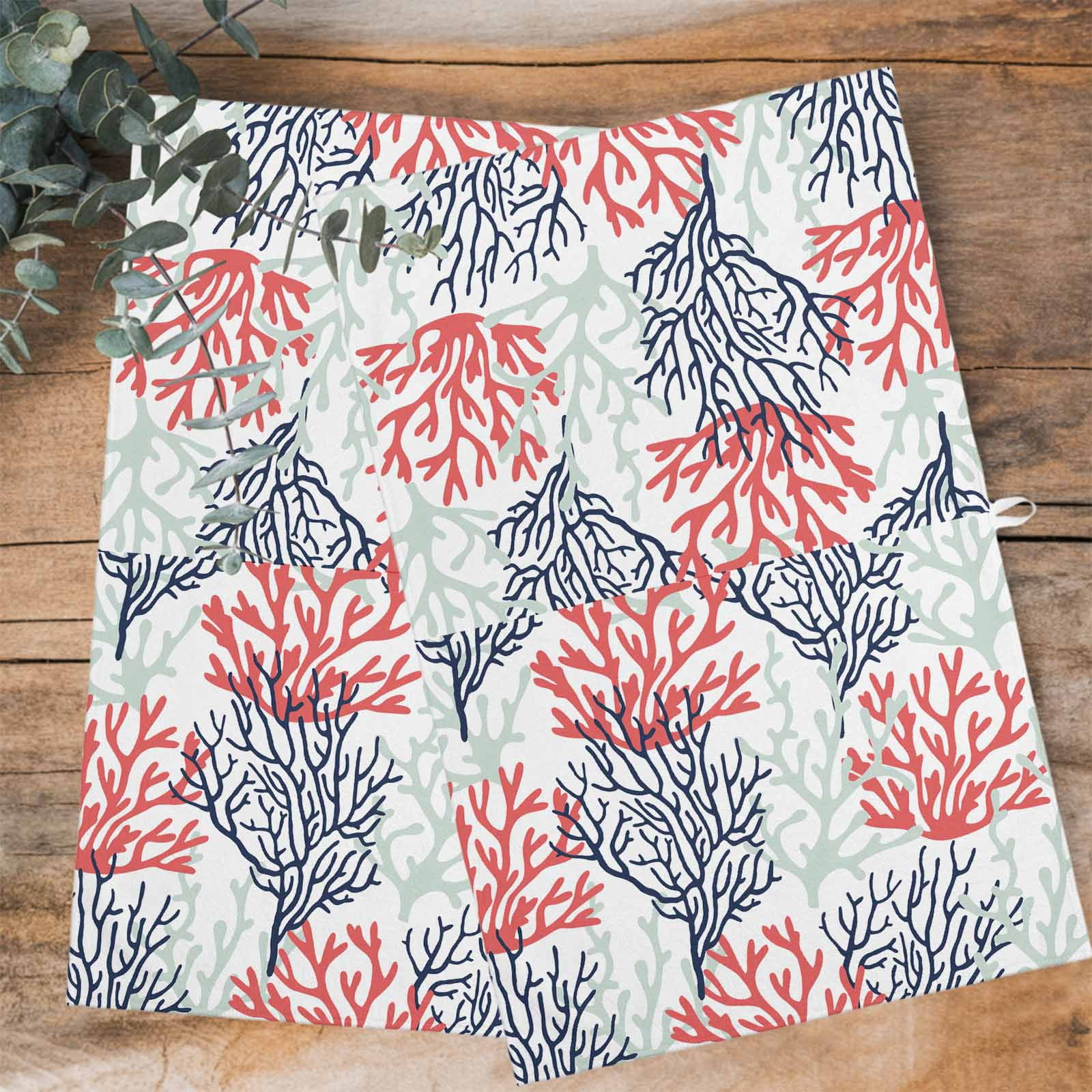Red Navy Blue Coral Coastal Kitchen Towels Set of 3, Water Absorbent Dish Towel, Summer Beach Seaside Nautical Decorative Hand Towels - Quick Drying Cloth for Cooking Baking, 18x28 Inch