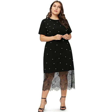 Fashion Plus  Size  Beaded Lace Splice T  Shirt  Dress  O Neck 