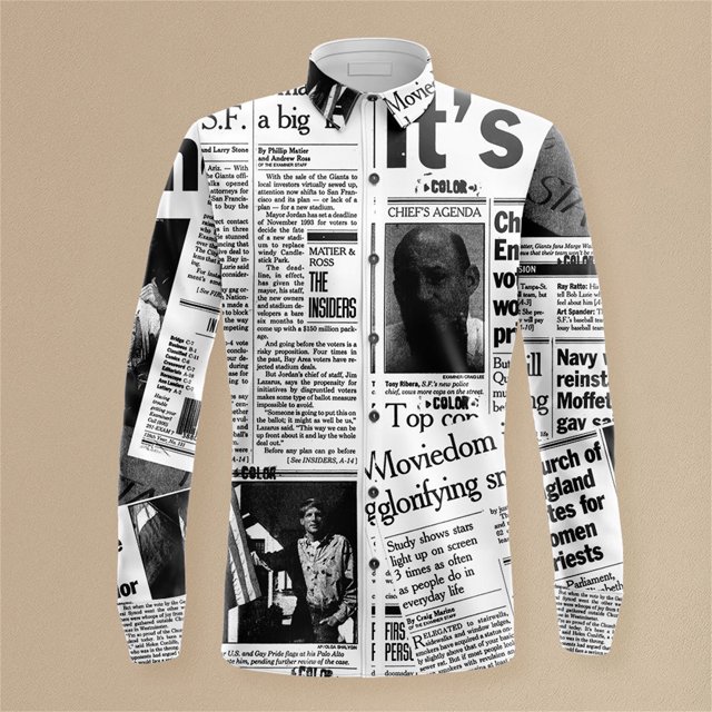 Camisa de manga larga gris y blanca, corte ajustado, unisex, para uso diario, estampado de periódico, diseño plano, talla XXXXXL
