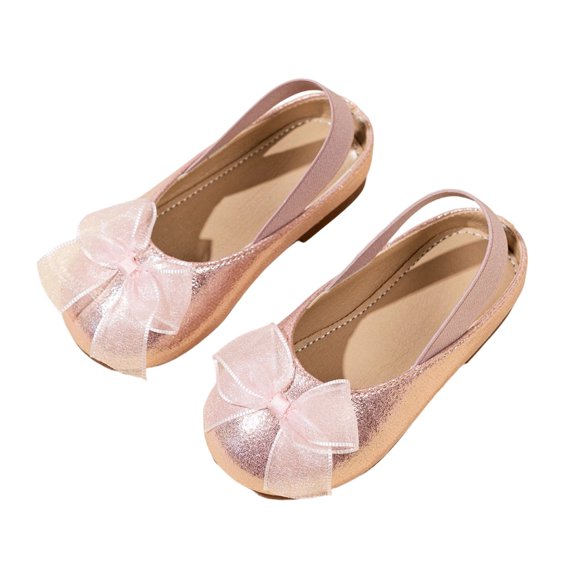 Purcolt Girls Shiny Metallic Bow Mary Jane Shoes Comfort Round Toe Elastic Slingback Non Slip Flat Shoes Sparkly Soft Sole Slide Shoes for Wedding Travel Walking