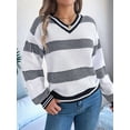 thumbnail image 6 of Womens Oversized Striped Tunic Sweaters Casual V Neck Long Sleeve Color Block Knit Pullover Jumper Tops White S, 6 of 9