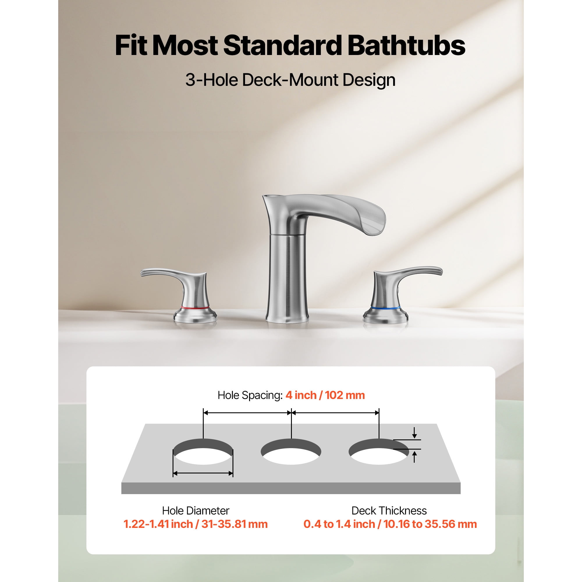 KFFKFF Roman Tub Faucet, 3-Hole Waterfall Bathtub Fixture, Zinc Alloy Bath Faucet Set with Dual Handles, Deck-Mounted Design for Washing Pets and Bathing, Silver Finish, Hot and Cold Water Adjustment