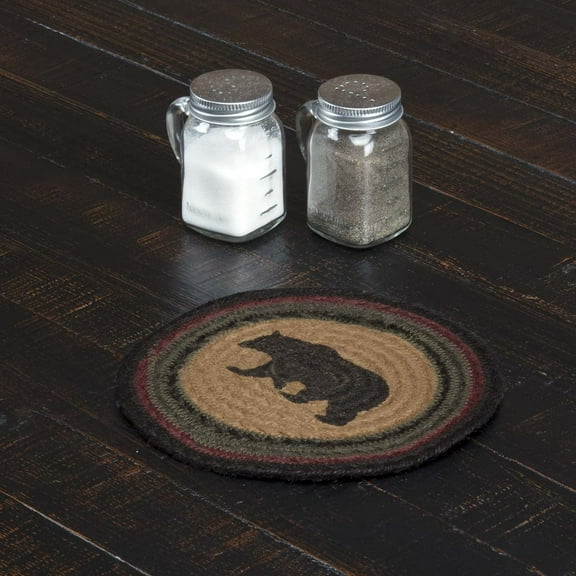 VHC Brands Wyatt Rustic Stenciled Textured Tan Round Kitchen Table Bear Jute Trivet 8"