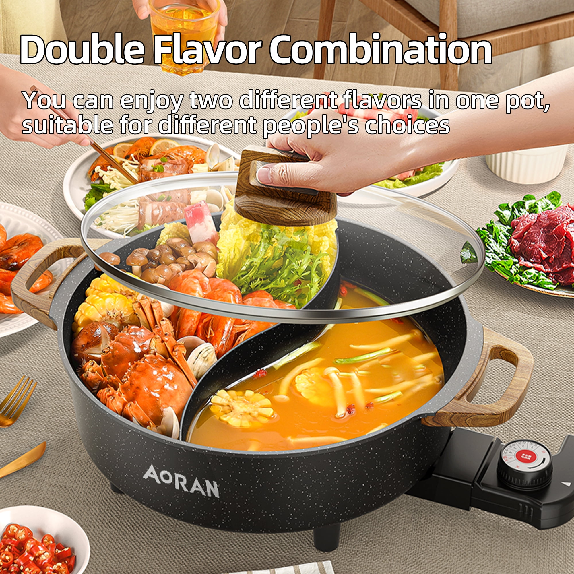 AORAN Electric Hot Pot with Divider, 6L Large Capacity Double-Flavor Non-stick Pot, Smokeless Cooking Pot with Temperature Control, Suitable for 2-8 People