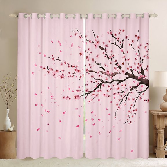 Manfei Pink Cherry Blossoms Blackout Curtains Set of 2 (52x84 Each) for Girls, Romantic Flower Floral Window Curtains, Japanese Style Curtains and Drapes, Curtains and Drapes Decor
