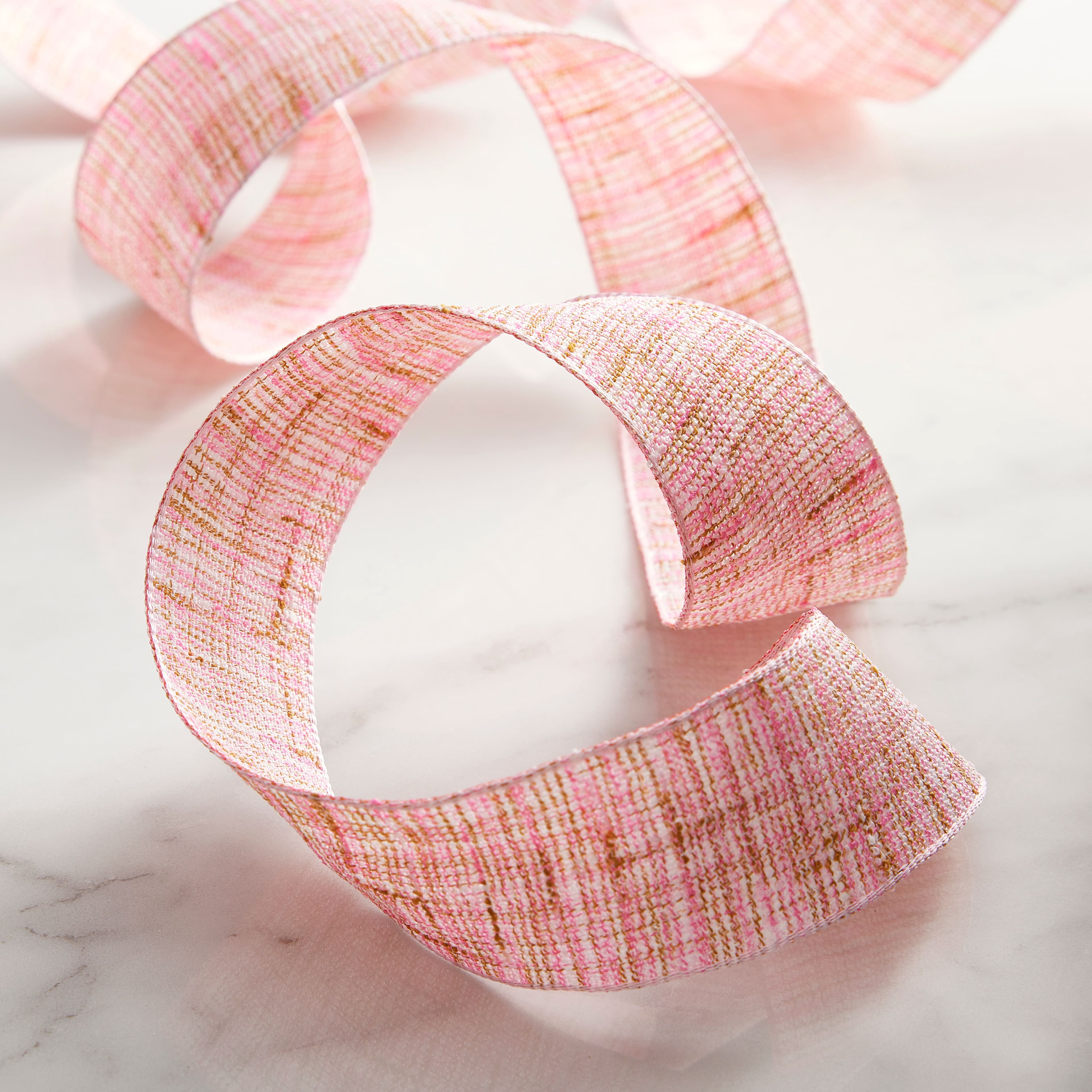 1.5" x 3yd Faux Cotton Wired Ribbon Rolls by Celebrate It – Pink and Gold Woven Decorative Ribbon for Crafts - Gift Wrapping - Apparel & Holiday Decor