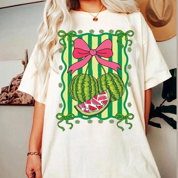 Retro Fancy Watermelon Coquette Bow T-Shirt, Mama Watermelon Everyday Shirt, Preppy Summer Tee, Little Girl Summer Shirt, Trendy Watermelon T-Shirt