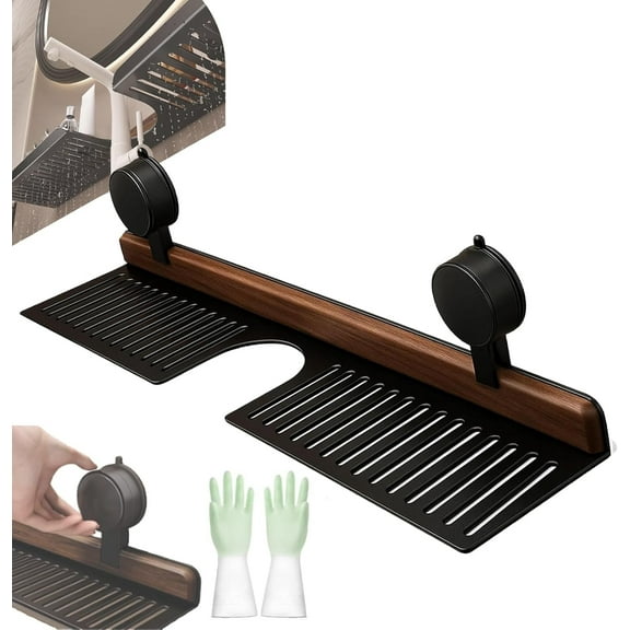 Walnut Bathroom Kitchen Suction Cup Shelf, 2025 New Bathroom Sink Shelf Over Faucet, Wall Mounted No Drilling Wooden Storage Shelf Basket, Wall Mounted Sink Over Faucet for Toiletries