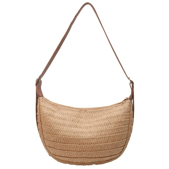 Woven Straw Bag Large Trendy Hobo Bag with Zipper Shoulder Purse Holiday Travel Handbag Crescent Bag for Women and Girls
