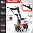thumbnail image 2 of 62cc 4 Stroke Gasoline Rotary Tiller has a working width of 20 Inches, 8000 RPM, 6-level depth control, and a power output of 1.9 kW. It is suitable for lawn, garden, and soil tillage., 2 of 8