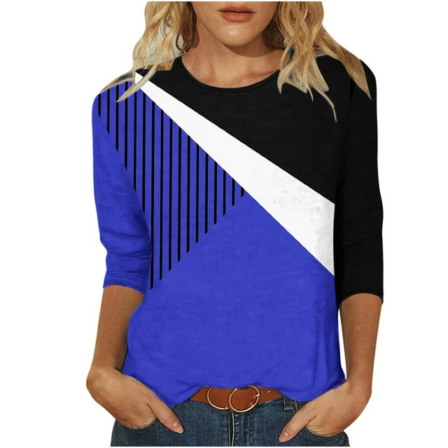 EQWLJWE Hauts d'Été pour Femmes Hauts pour Femmes Liquidation Mode Féminine Manches Courtes Col Rond Rétro Imprimé Blouse Ample Manches Trois-Quarts