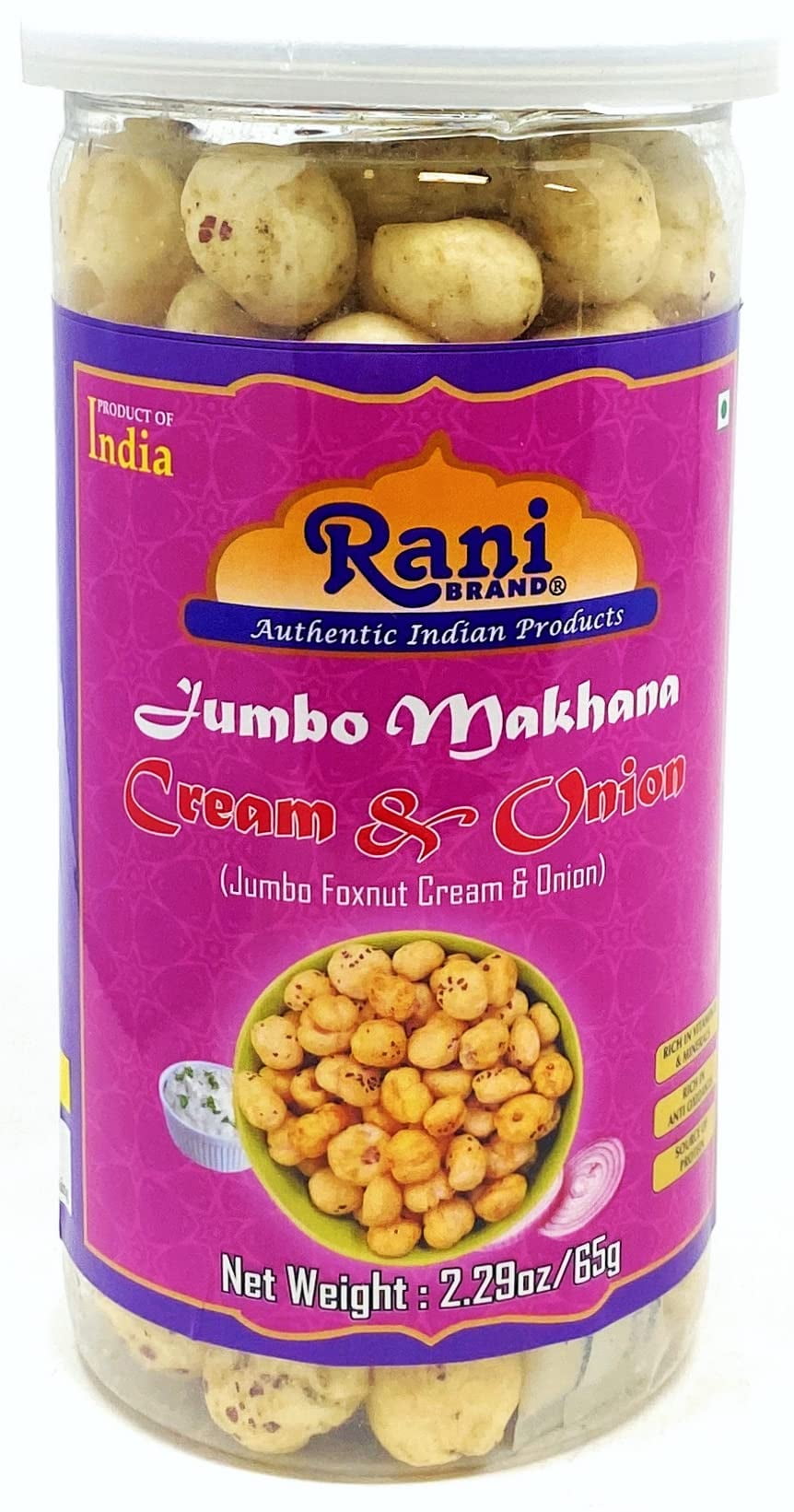 Rani Jumbo Phool Makhana (Fox Nut/Popped Lotus Seed) Cream & Onion Flavor 2.29oz (65g) Vacuum Sealed, Easy Open Top, Resealable Container ~ Indian Tasty Treats | Vegan | NON-GMO | Indian Origin